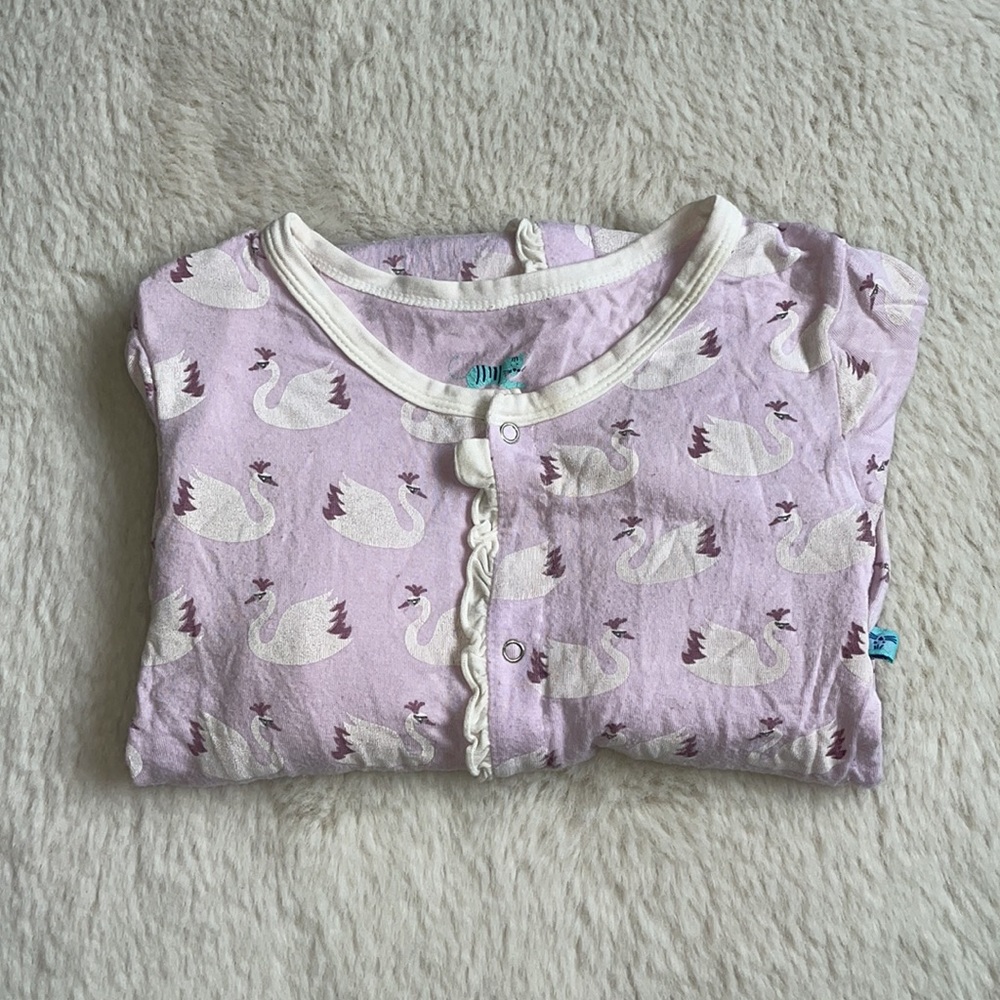 Kickee Pants | Swan Print Ruffle Footie Pajamas | 5